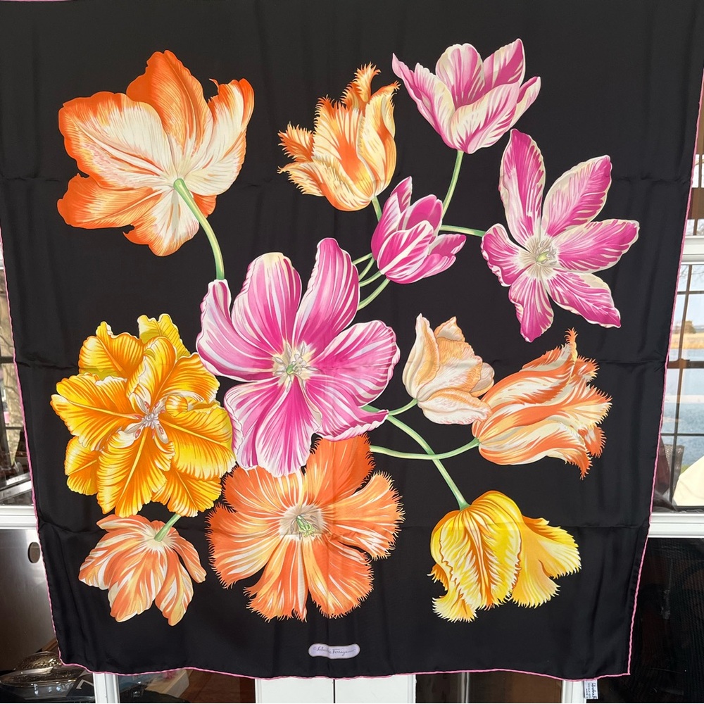 Salvatore Ferragamo Black Floral Silk Scarf with Pink Orange Yellow Blooms
